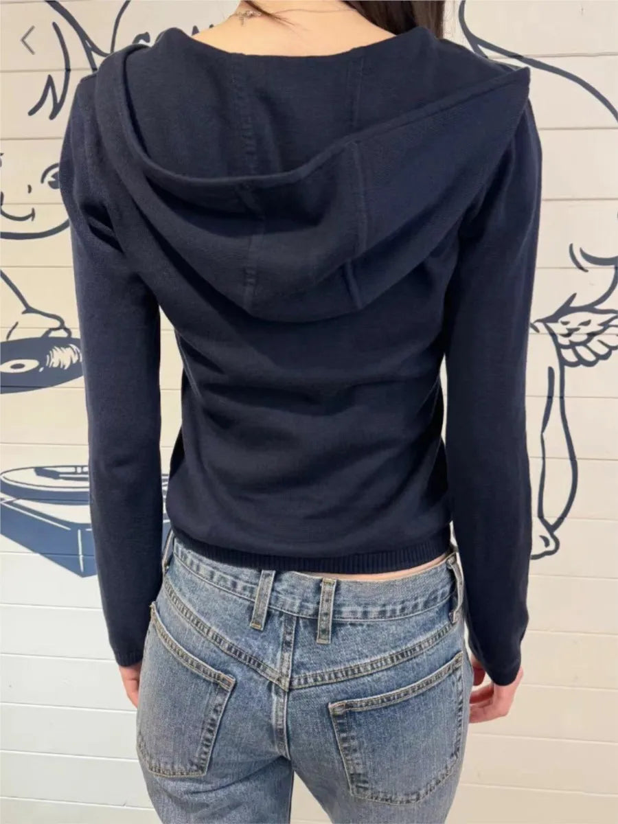 Retro New Navy Hooded Sweaters Women Autumn Cotton Lace-up Long Sleeve Slim Jumpers American Vintage Streetwear Pullover Y2K Top