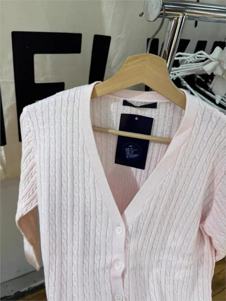 Sweet Pink Twist Cotton Long Sleeve Knitted Cardigan Women Simple V-neck Casual Preppy Style Jumper Prepppy Style Sweater Top
