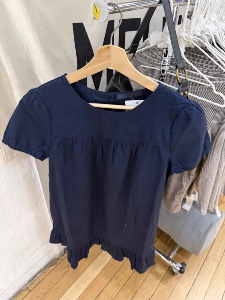 Vintage Navy Puff Sleeve Dress Women Streetwear Simple Ruffled Hem Cotton Dresses Y2K Clothes Sweet Cute Preppy Style Vestidos