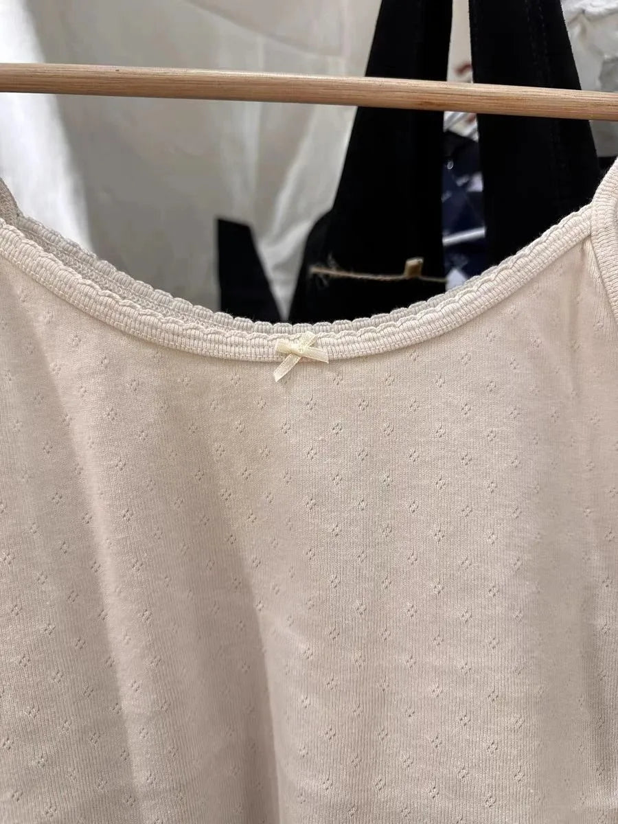 Pink Sweet Eyelet Cotton Camisole Women Summer New Casual Sleeveless Lace Trim Bow Cute Tank Top Cute All-match Basic Vest Y2K