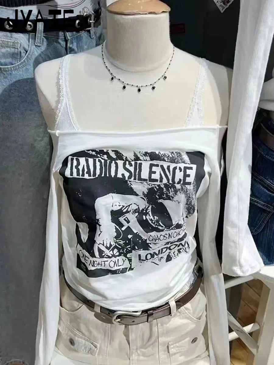 Fashion 84 Print Slim Long Sleeve Tees Women 2024 Simple Casual Raw Hem Slash Neck Tops Female Vintage Chic Sweet T-shirts Y2K