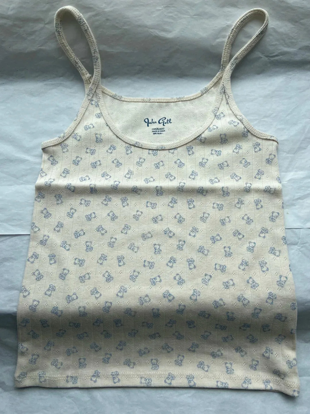 Little Bear Print Eyelet Tank Tops Women Summer Casual U Collar Neck Cotton Slim Sleeveless Vests Sweet Cute Chic Camisole Y2K