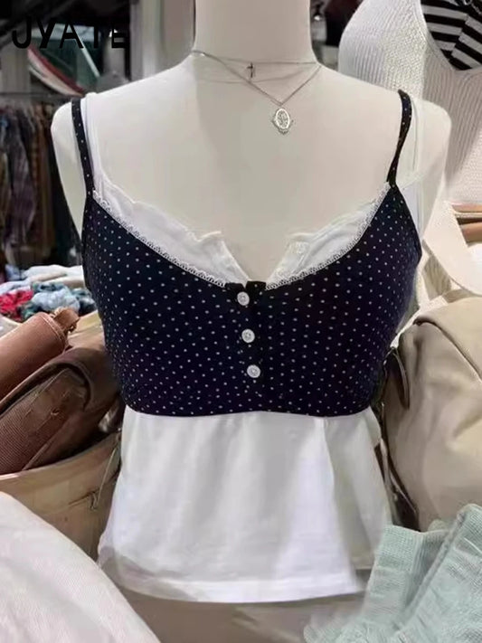Vintage Polka Dots Print Lace Trim Camis Women 2024 New Cotton Buttons Slim Sexy Sleeveless Vests Harajuku Chic Sweet Tank Tops