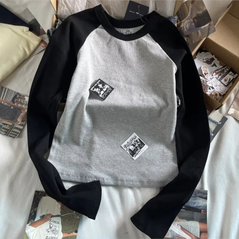 Retro Patchwork Ribbed T-shirt Women Autumn Casual O-Neck Cotton Long Sleeve Tee Shirt Vintage Streetwear Chic T Shirt Y2K Tops
