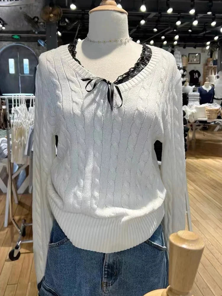 New Beige Twisted Flower Thin Knitted Sweater Women V-Neck Long Sleeve Jumpers Spring Sweet Cute Preppy Style Sweater Top