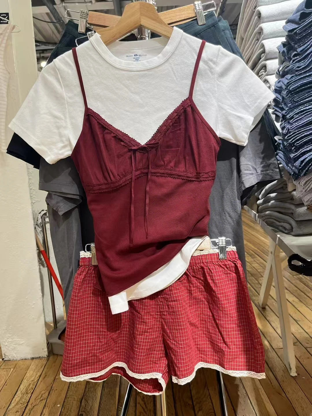 Red Plaid Ruffle Tank Shorts Sets Women V-neck Fold Slim Camisole+Loose Sweatshorts Cute Sweet Vintage Home 2 Piece Outfits New