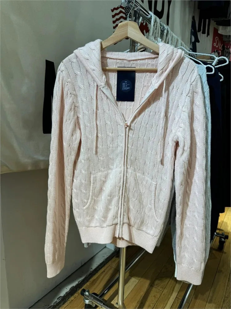 Sweet Twisted Flower Knitted Cardigan Sweater Women Long Sleeve Drawstring Hooded Zipper Streetwear Cute Sweaters Coat Y2K Tops