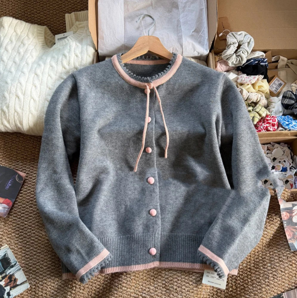 Retro Pattern Loose Knitted Cardigan Women Spring New Casual Versatile Korean Style Long Sleeve Top Sweet Chic Simple Sweater