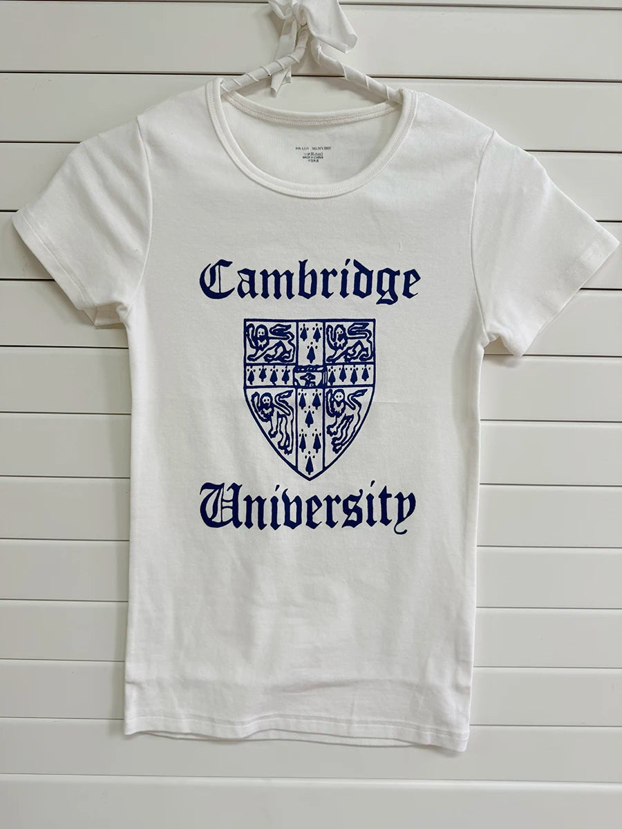 White Geometric Print Slim T-shirts Women Simple O-neck Short Sleeve Cotton Tee Tops Casual Streetwear Preppy Style Tshirts Y2K