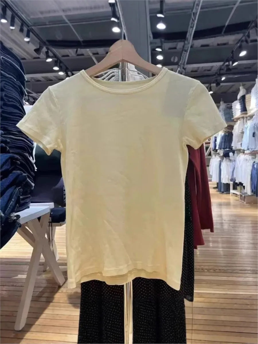 Light Yellow Basic Slim T-shirt Women Casual Basic O-neck Short Sleeve Cotton Tee Tops Sweet Cute Simple All-match Tshirt Top