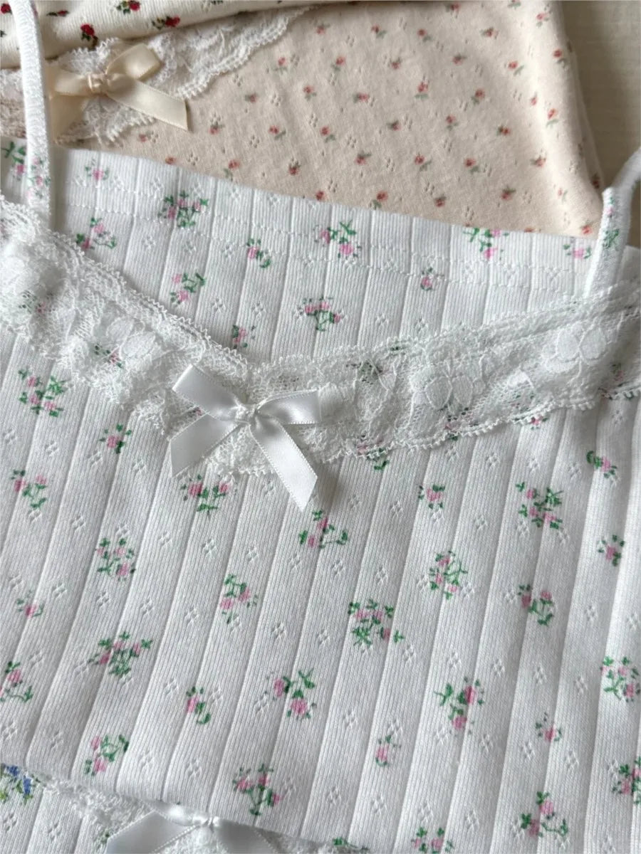 Bow Floral Eyelet Lace Trim Tank Tops Women Summer Simple Cotton Sleeveless Slim Camisole Girls Sweet Cute Preppy Style Vests