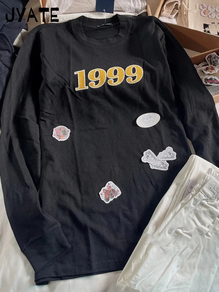 Classic Number Embroidery Loose Long Sleeve Tee Women O-neck Cotton Casual Simple Tops Clothes Harajuku Street Chic T-shirts Y2K
