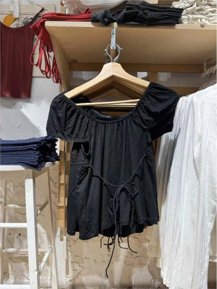 Black Lace Trim Babydoll Top Women Summer New Y2K Casual Slim Lace-up Square Collar Tee Tops Sweet Vintage Preppy Style T-shirts