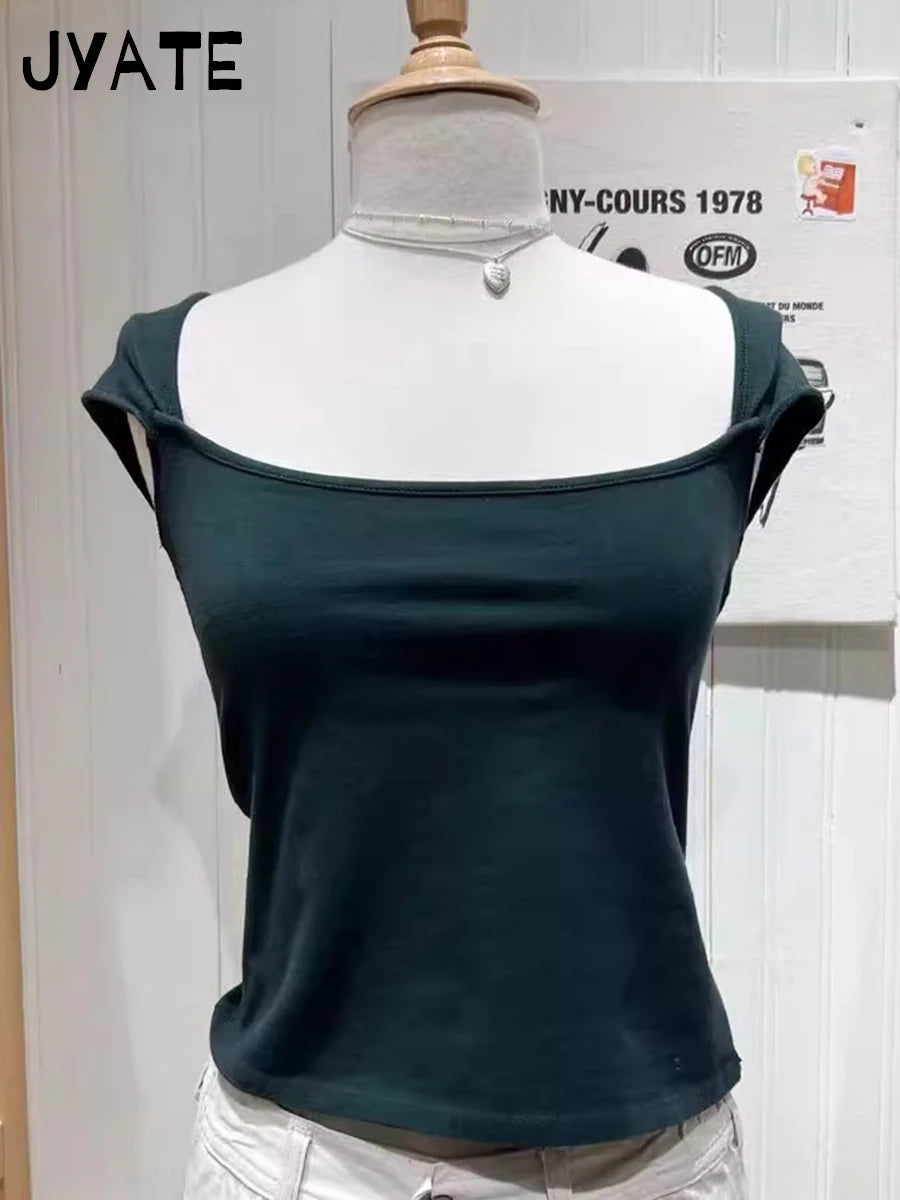 New Sweet Pink Cotton Crimping Short Sleeve Tees Women Summer Casual Simple Square Collar Crop Tops Vintage Basic Y2K T-shirts