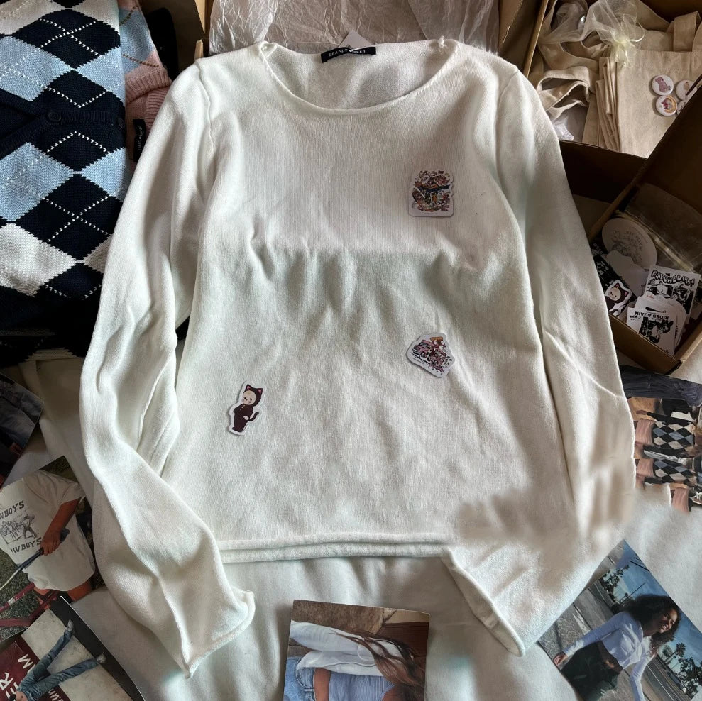 Gray Raw Trim Knit Cropped Sweater Women Scoop Neck Long Sleeve Cotton Loose Jumper Autumn Simple Sweet Oversized Crop Top Y2K