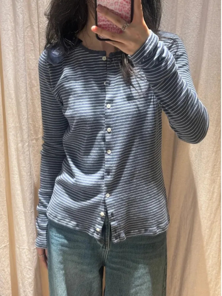 Blue White Striped Eyelet T-shirt Women O-neck Single Breasted Cotton Long Sleeve Tee Cute Sweet Preppy Style Slim Tops Tshirt