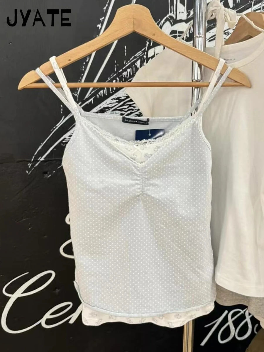 Blue Polka Dots Print Folds Camisole Women New Cotton Simple Casual Lace Trim Sleeveless Vests Sweet Cute Vintage Tank Tops Y2K