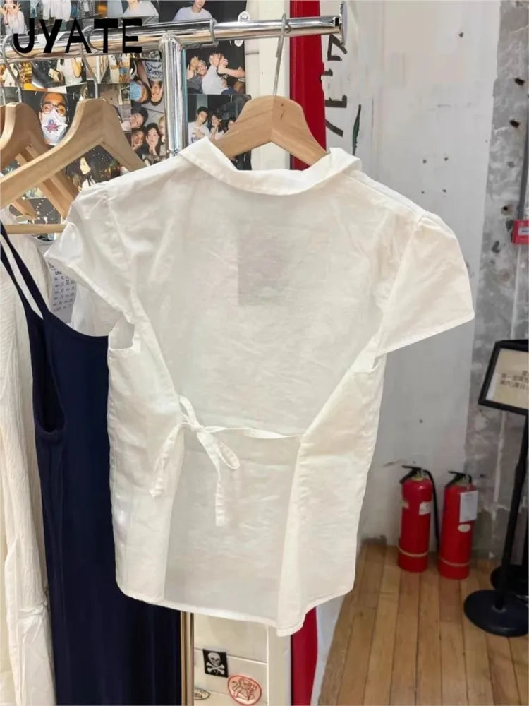 Back Lace-up White Blouse T-shirts Women Summer Casual Preppy Peter Pan Collar Short Sleeve Tees Cute Sweet Slim Y2K Crop Tops