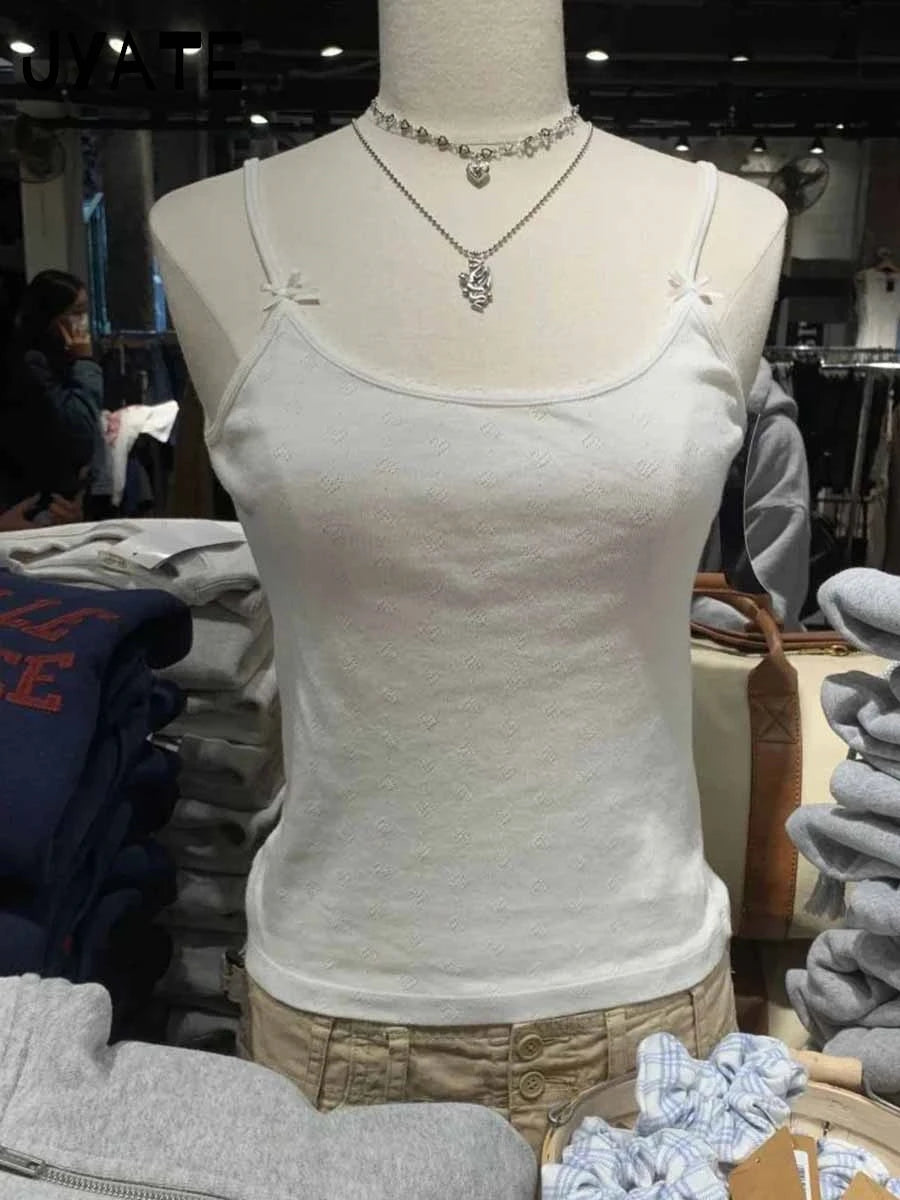 Sweet White Bow Sleeveless Vest Women Summer Cotton Slim Sexy Simple Heart Hollow Out Tank Tops Sweet Vintage Cute Camisole Y2K