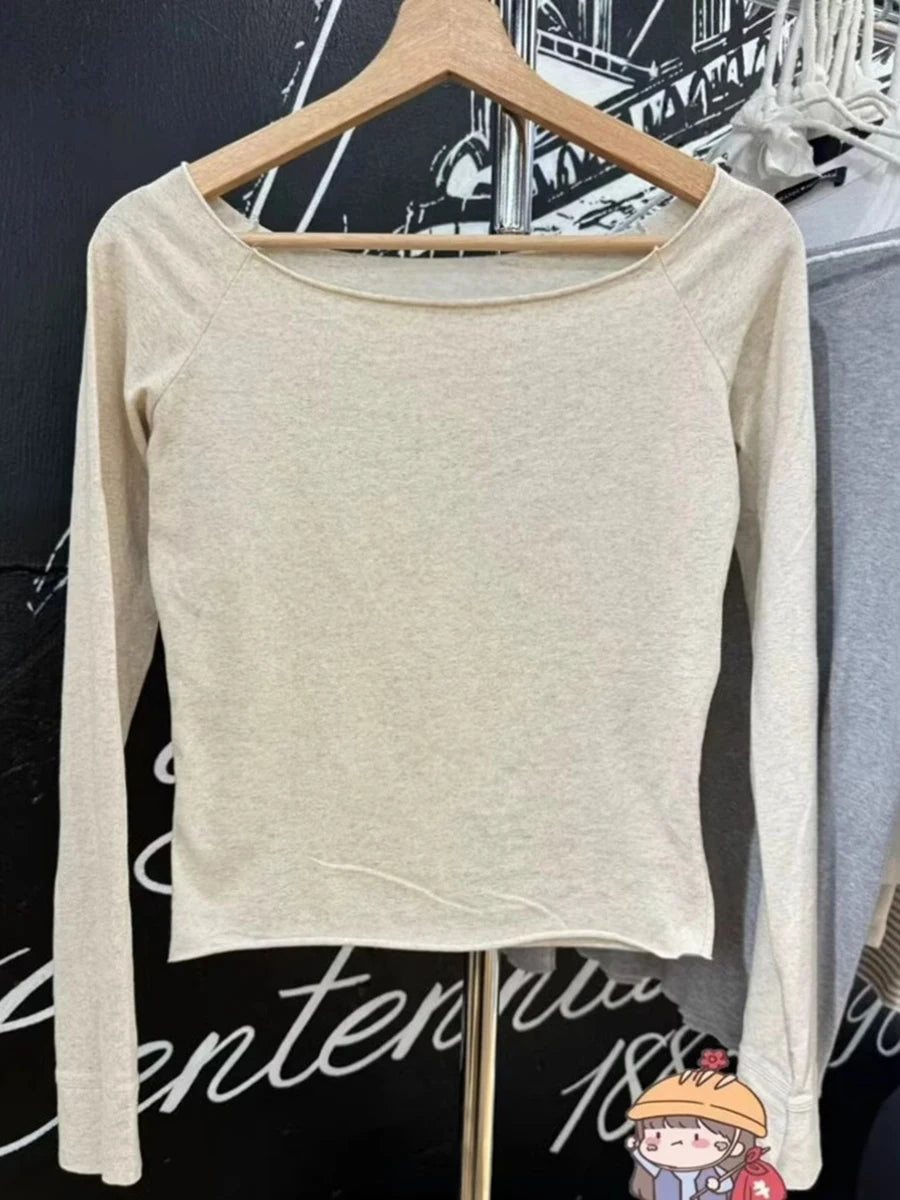 New Retro Gray Long Sleeve Tees Women New Autumn Casual Streetwear Slash Neck T shirt Top Vintage Chic Sexy T-shirts Clothes Y2K