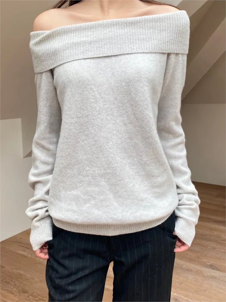 Simple Gray Slash Neck Slim Knitted Sweater Women Casual Long Sleeve Cotton Pull Sweaters Vintage Sweet Preppy Style Jumpers Y2K