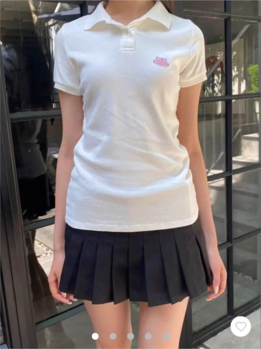 Cute Cat Plaid Polo T-shirt Women Summer New Strweetwear Cotton Turn Down Collar Short Sleeve Tees Sweet Preppy Style T Shirt