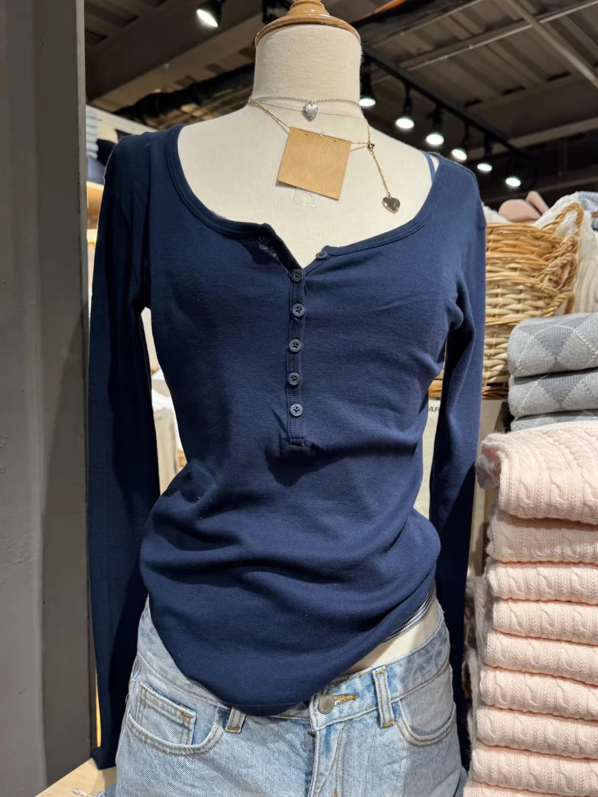 Navy Six ButtonsT-shirts Women Autumn New Round Neck Cotton Ribbed Slim  Long Sleeve Tee Top Casual Vintage Chic Tshirt Y2k Tops
