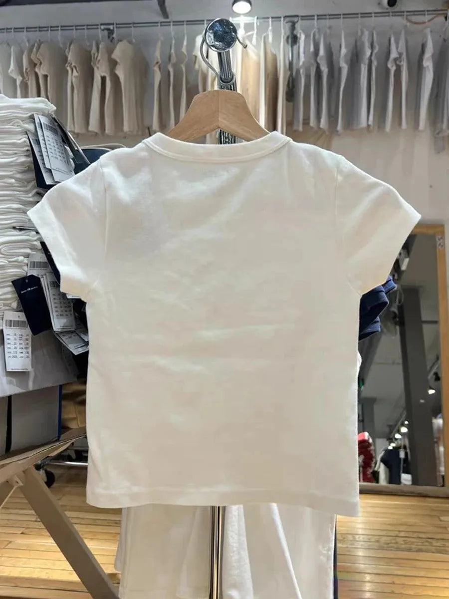 Sweet Star Appliques Slim Crop Top Woman Round Neck Short Sleeve Cotton Cropped T Shirt Summer Cute All-match T-shirts Y2K Tops