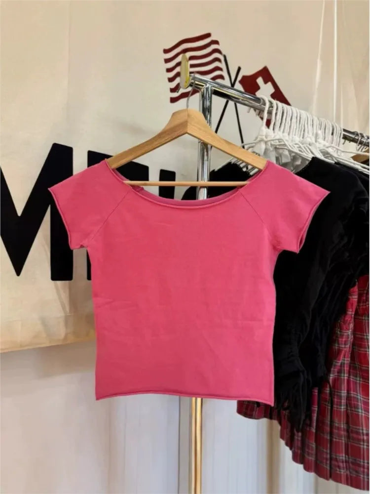 Rose Pink Slash Neck Crop Tops Women Summer Simple All-match Cotton Casual Slim T-shirts Sweet Cute Preppy Style Cropped Tees