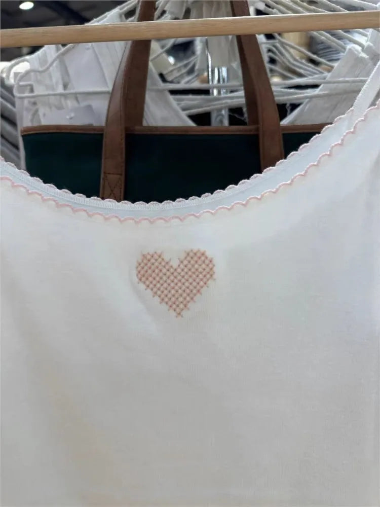 Pink Heart Embroidery Slim Tank Top for Women Summer Cotton Casual Lace Trim Sleeveless Camisole Sweet Cute Preppy Style Y2K Top