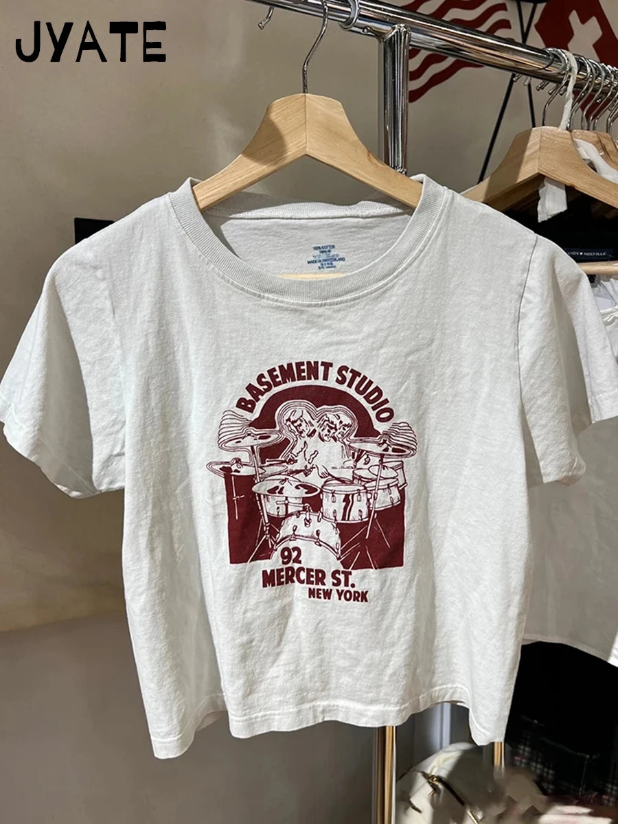 Classic Drum set Print O-neck Short Sleeve Tees Women New Harajuku Cotton Casual Slim Crop Tops Vintage Sweet Chic Y2K T-shirts