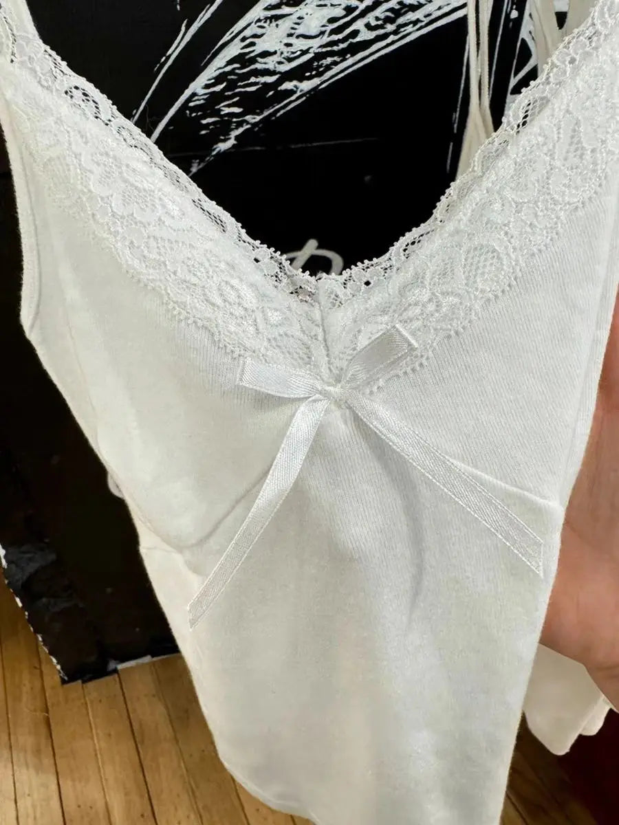Sweet Bow White Tank Shorts Cotton Set Women Lace Trim V-neck Vest+Buttons Straight Short Boxer Short Pant Cute Home Pajama Sets