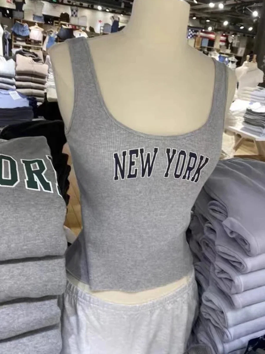 Fashion Gray Letter Print Sleeveless Vests Women Summer Slim Sexy Ribbed Chic Streetwear Crop Tops Female Vintage Y2K Cute Camis