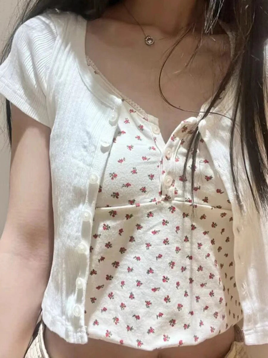 Red Floral Button Camisole Women Summer Casual Streetwear Slim Sleeveless Tank Tops Sweet Vintage Simple Vests Y2K