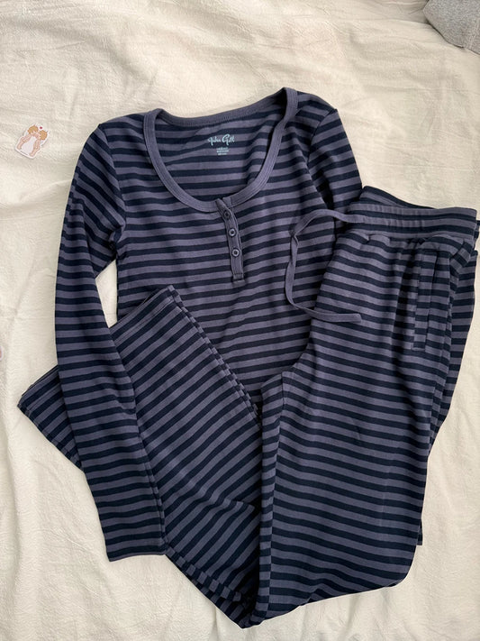 Navy Striped 2 Piece Sets Women Vintage Buttons Cotton Long Sleeve Tee Straight Trousers Home Sweet T-shirt Pant Pajama Set Y2K