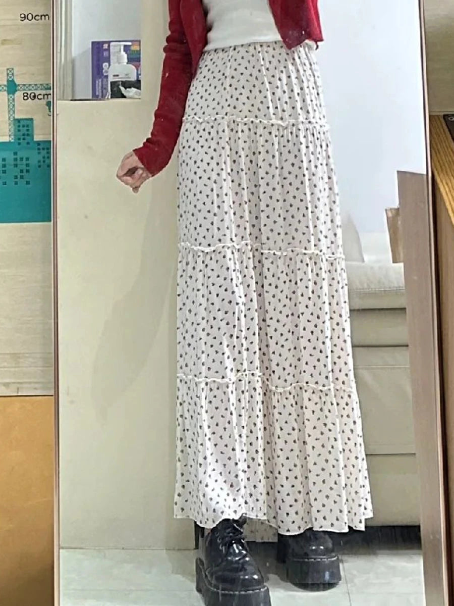 Sweet Ruffled Floral Print A-line Skirts Women Summer Casual Streetwear Elasyic High Waist Cotton Mini-Skirt Cute Chic Y2K Falda