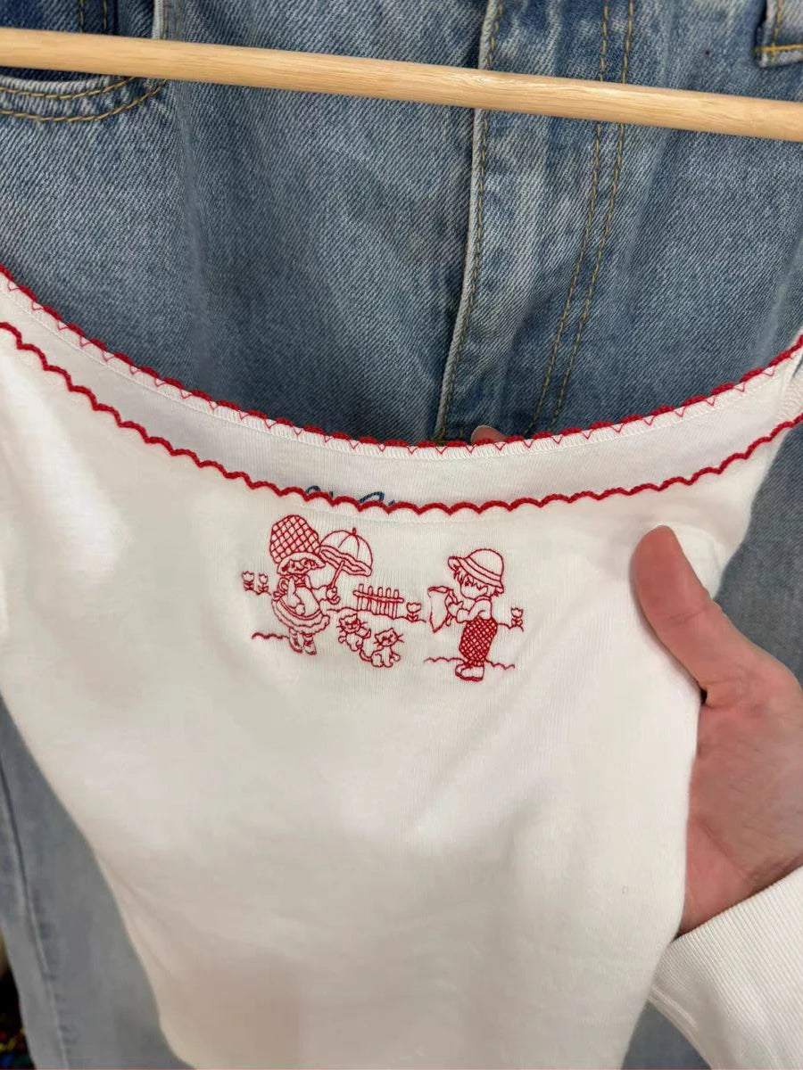 Cute Girls and Cats Embroidery Tank Top for Women Summer Cotton Lace Trim Sleeveless Camisole Sweet Preppy Style Top T shirt Y2K