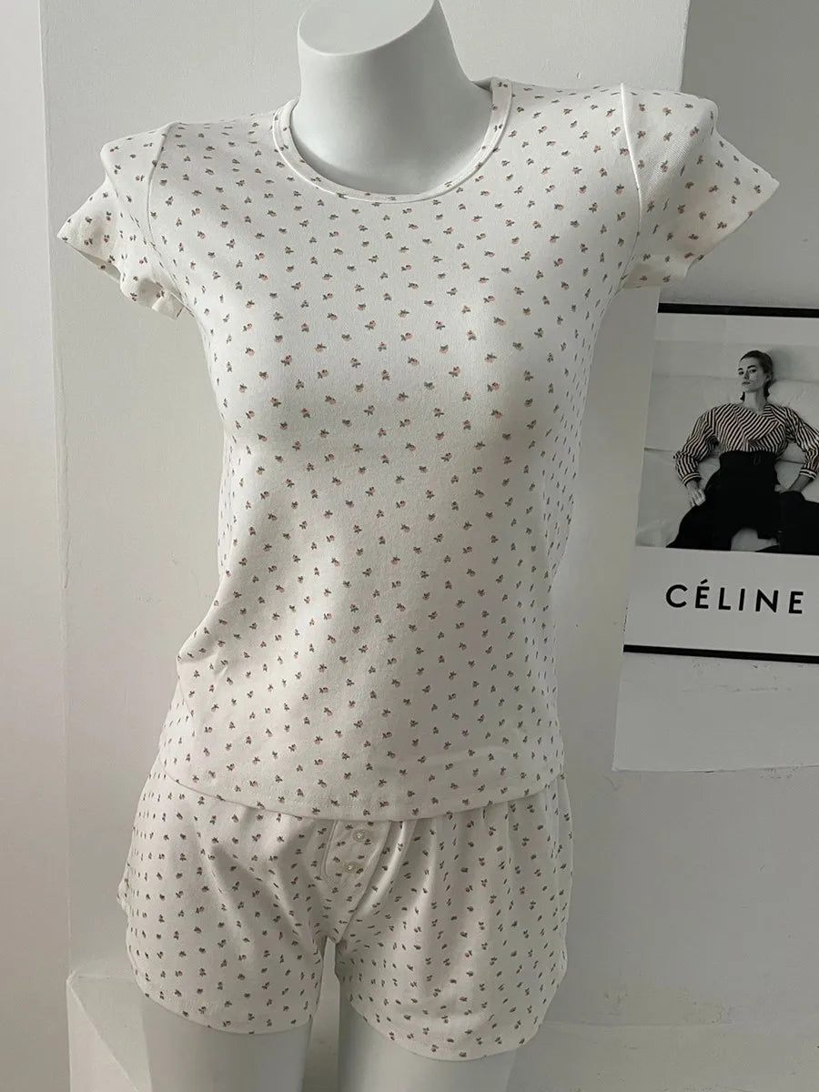 Eyelet Floral Print T-shirt Shorts Outfit Women Cotton O-neck Slim Tees +Buttons Straight Sweatshort Sweet Home 2 Pieces Set New