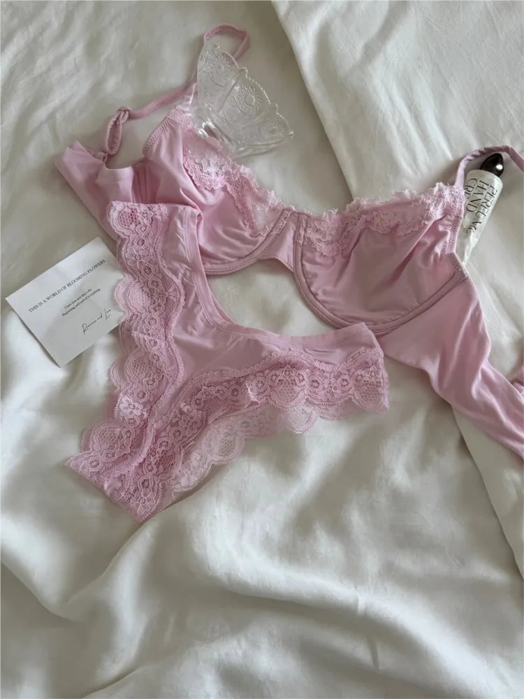 Pink Unlined Full Cup Bra Set Underwire Lace Trim Lift Comfortable Minimalist Seamless Skin-friendly Everyday Bras and Panty