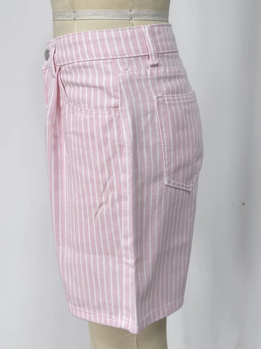 Pink Striped Pockets Cargo Pants Women Casual Cotton Loose High Waist Button Short Pants Vintage Sweet Preppy Style Sweatshorts