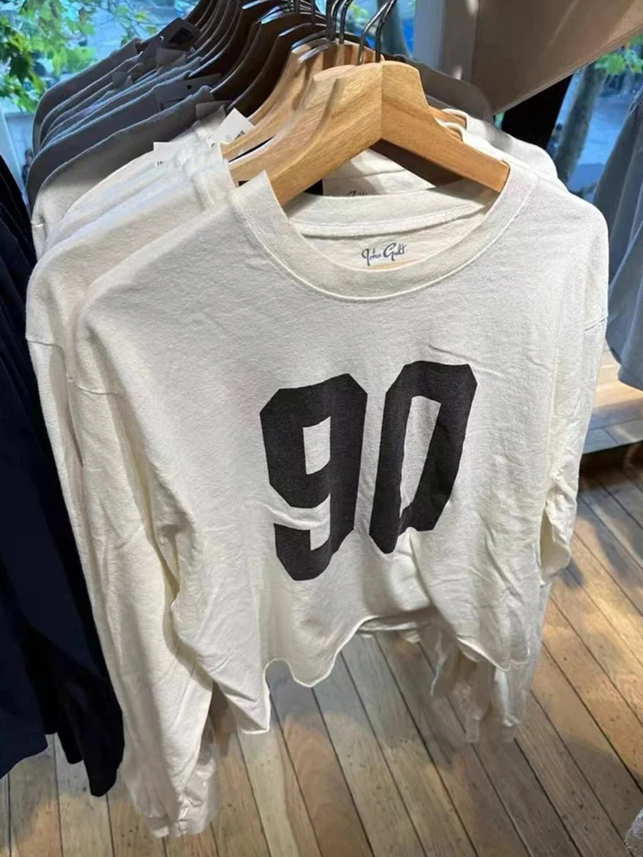 Fashion 90 Digital Print Cotton Long Sleeve Tees Women New O-neck Loose Raw Hem Streetwear Tops Simple Vintage Chic T-shirts Y2K