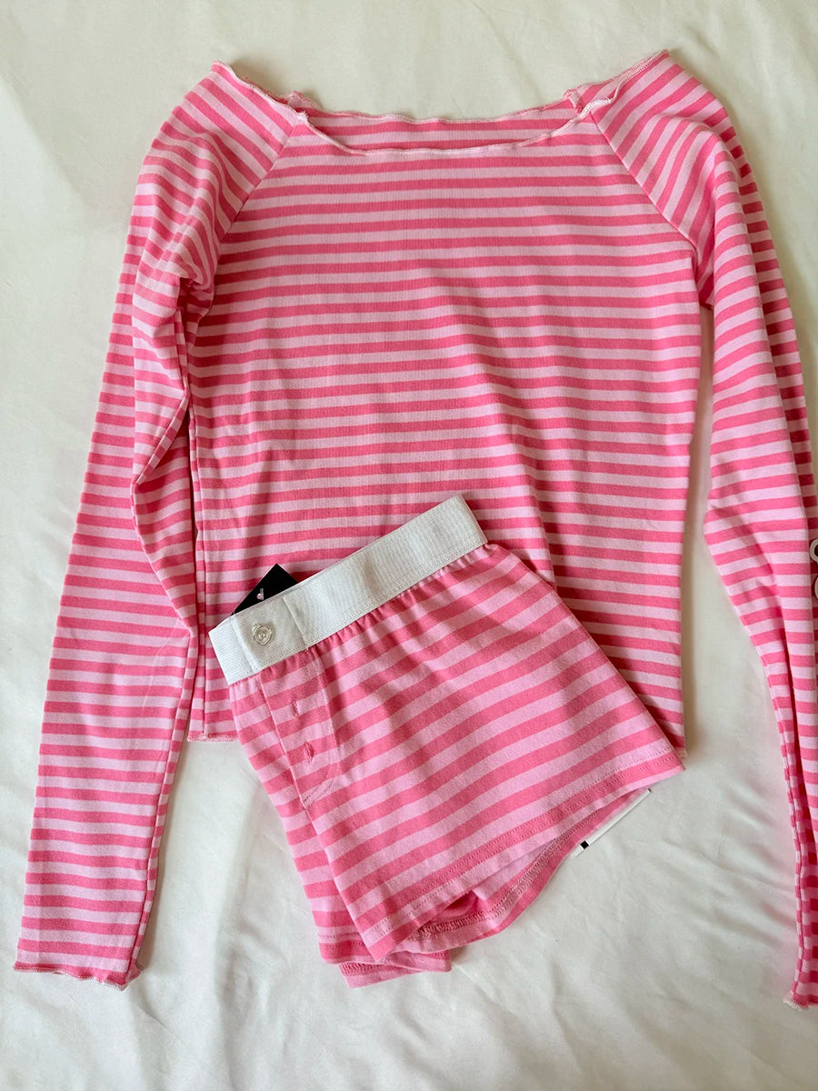 Pink Striped Slash Neck Short Sets Women Cute Cotton Slim Long Sleeve Tee+Buttons Shorts 2 Piece Sets Sweet Chic Two Piece Set