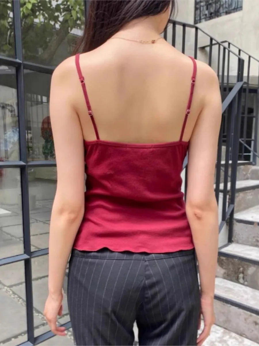 Red Retro Folds V-neck Tank Tops Women Summer New Sexy Casual Sexy Slim Lace-up Sleeveless Vests Vintage Sweet Simple Camisole