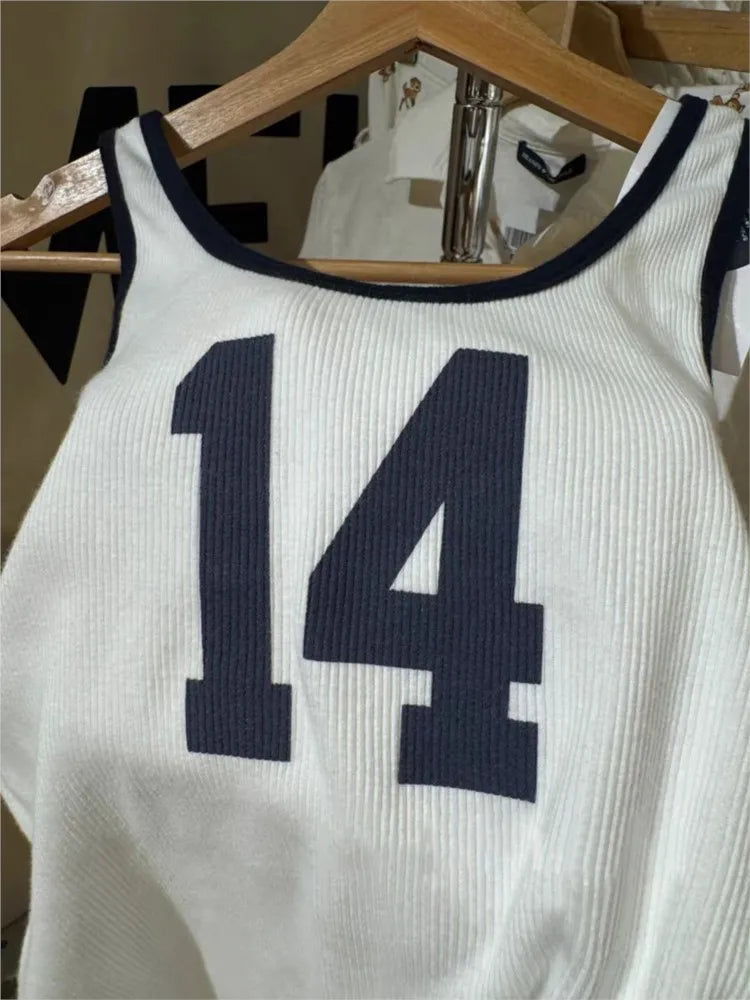 Vintage 14 Print Ribbed Slim Tank Top Women Spring U Collar Sleeveless Cotton Camisole Top Casual Streetwear Sweet Vest Y2K Tops
