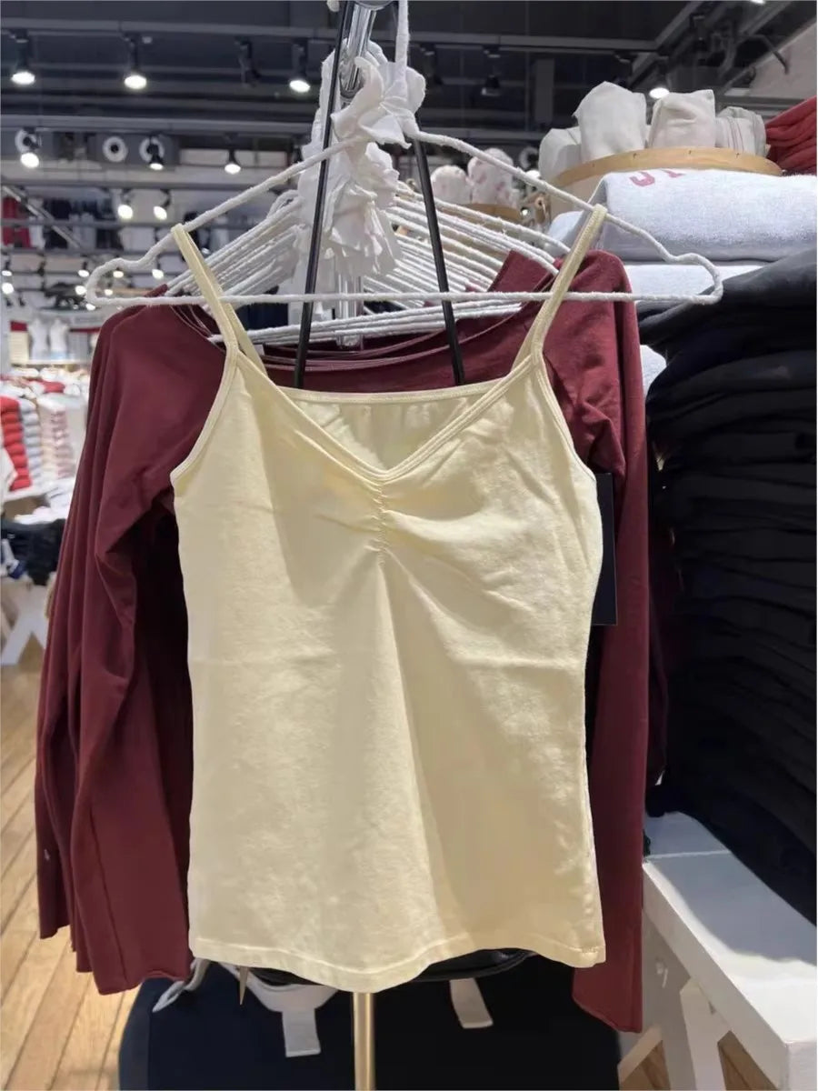 Yellow Folds V-neck Bow Black Tank Tops Women Summer All-match Cotton Sleeveless Slim Camisole Vintage Sweet Cute Crop Top Y2K