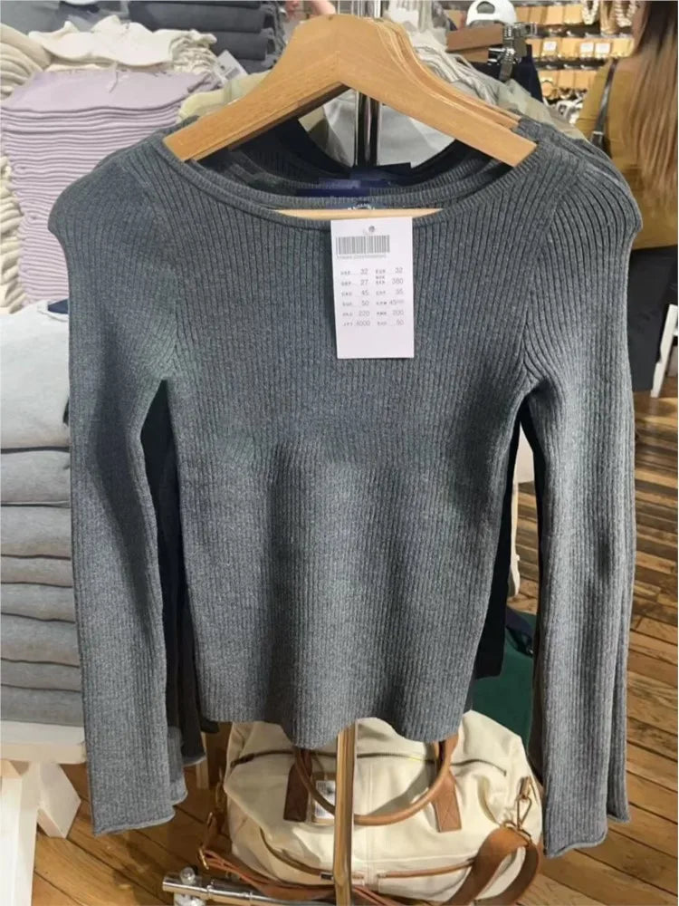 Fashion Gray Knitted T-shirts Women Autumn New Cotton Slash Neck Long Sleeve Slim Jumper Preppy Style American Sweaters Y2K Tops