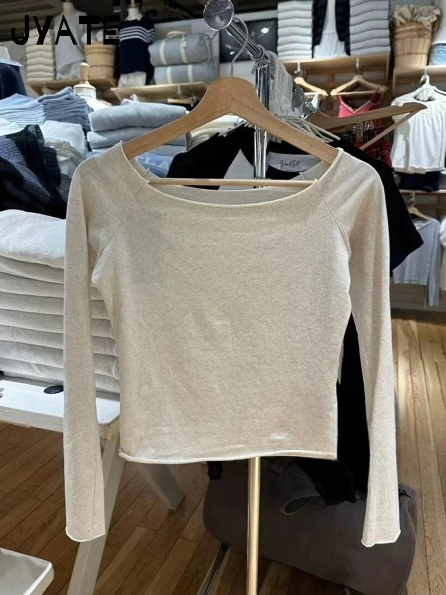 New Retro Gray Long Sleeve Tees Women New Autumn Casual Streetwear Slash Neck T shirt Top Vintage Chic Sexy T-shirts Clothes Y2K