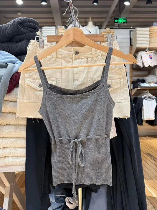 Lace-up Knitted Tank Top for Woman Summer Deep Grey Cotton Camisole Female Casual Simple All-match Preppy Style Basic Tops y2k