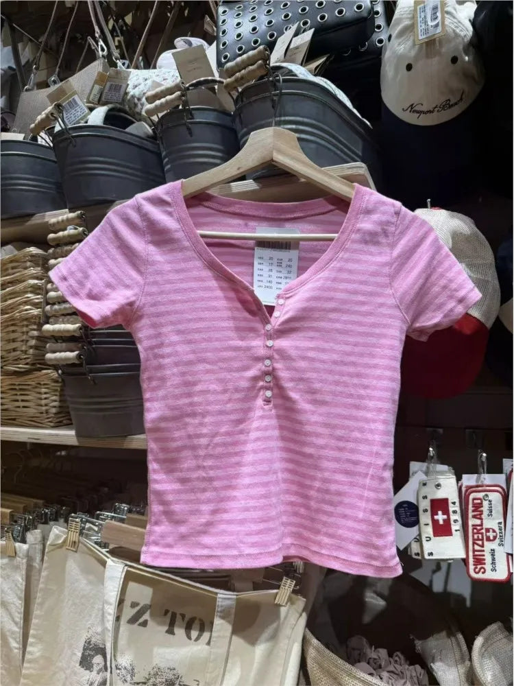 Pink Striped Buttons T-shirts Women Summer Cotton O-neck Casual Simple Short Sleeve Tees Sweet Cute Preppy Style Tshirt Y2K Top
