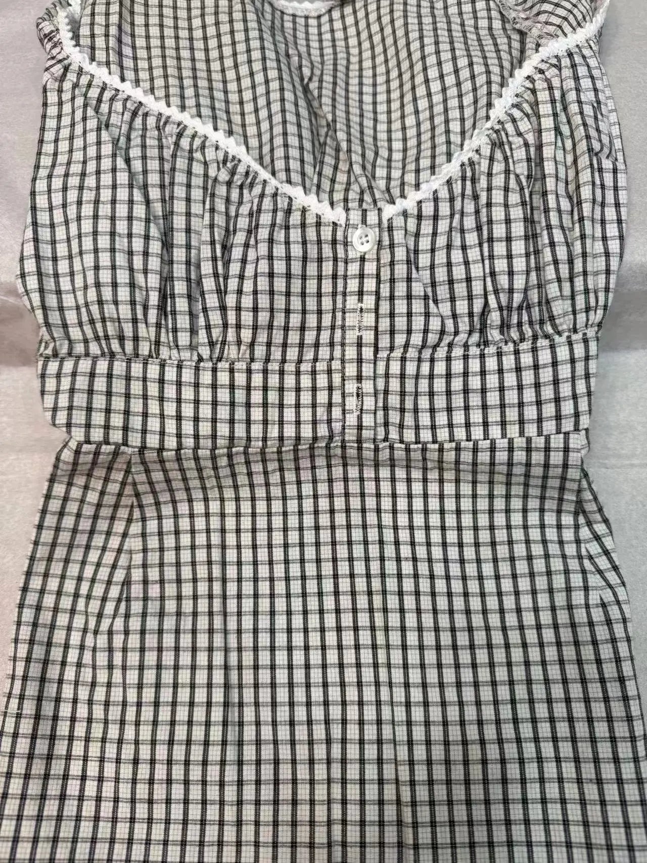 Vintage Gray Plaid Short Puff Sleeve Tee Women Three Button Square Neck Lace Trim T-Shirt Blouse Sweet Cute Retro Crop Tops New